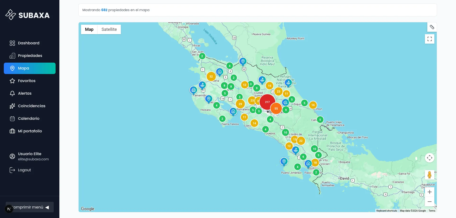 The Subaxa map view, showing clustered property markers spread across Costa Rica